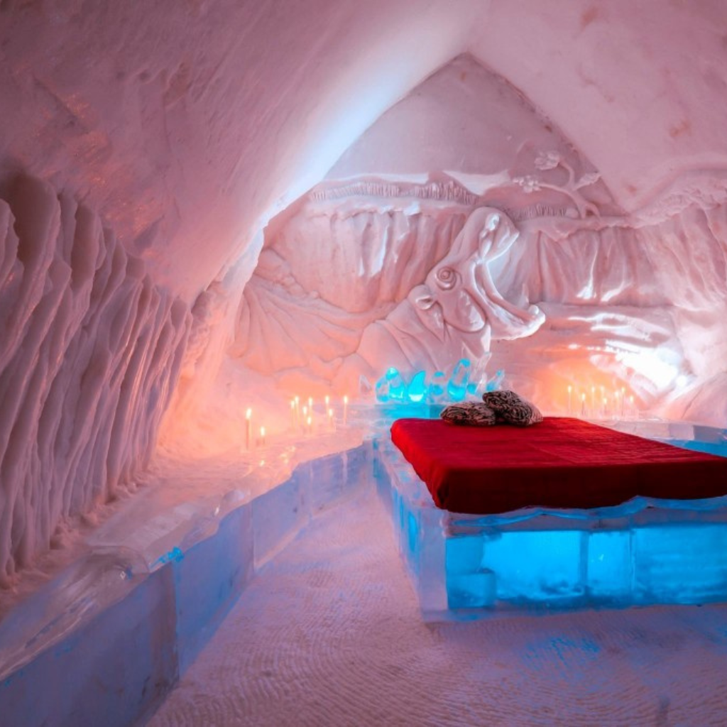 With its majestic snow arches, crystal clear ice sculptures and beautiful rooms, the Hôtel de Glace (ice hotel) offers its guests a one-of-a-kind winter experience